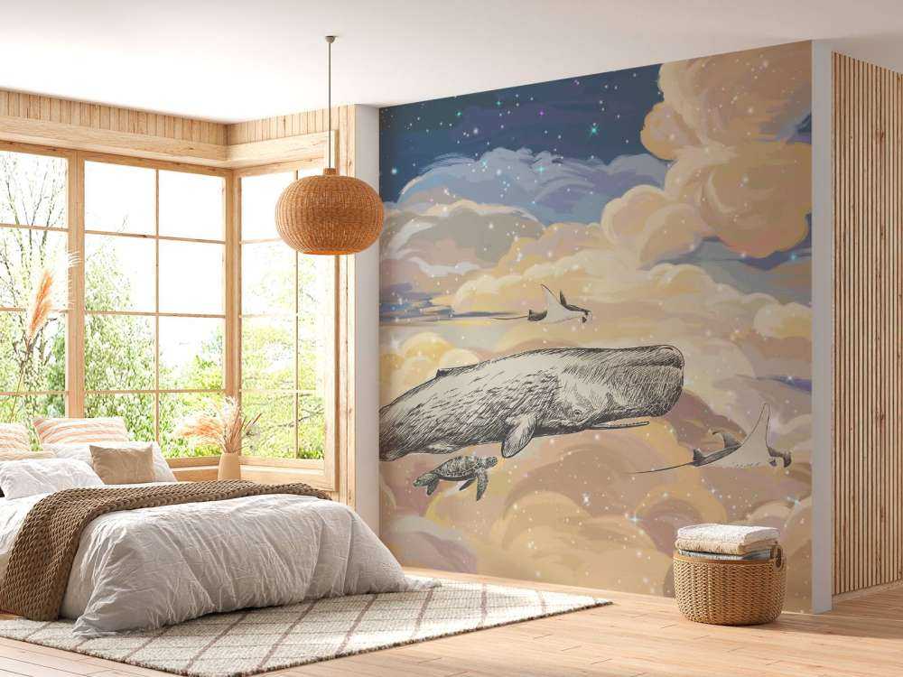 Baleine nageant à travers les nuages