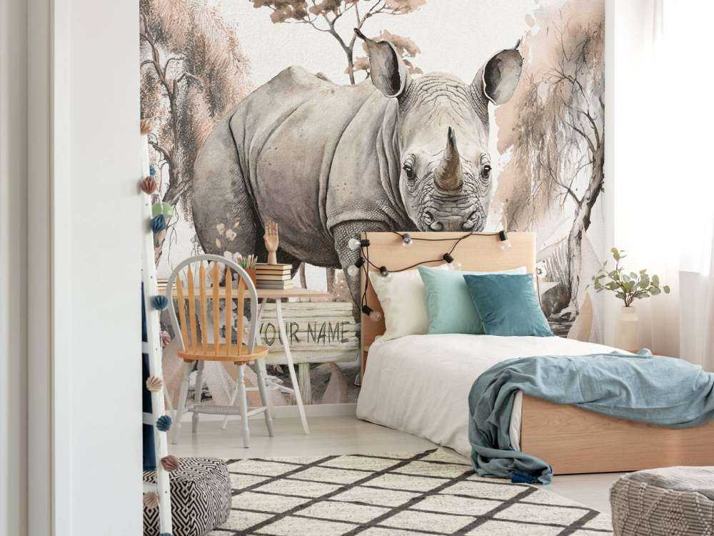 Bébé rhino dans la savane taupe