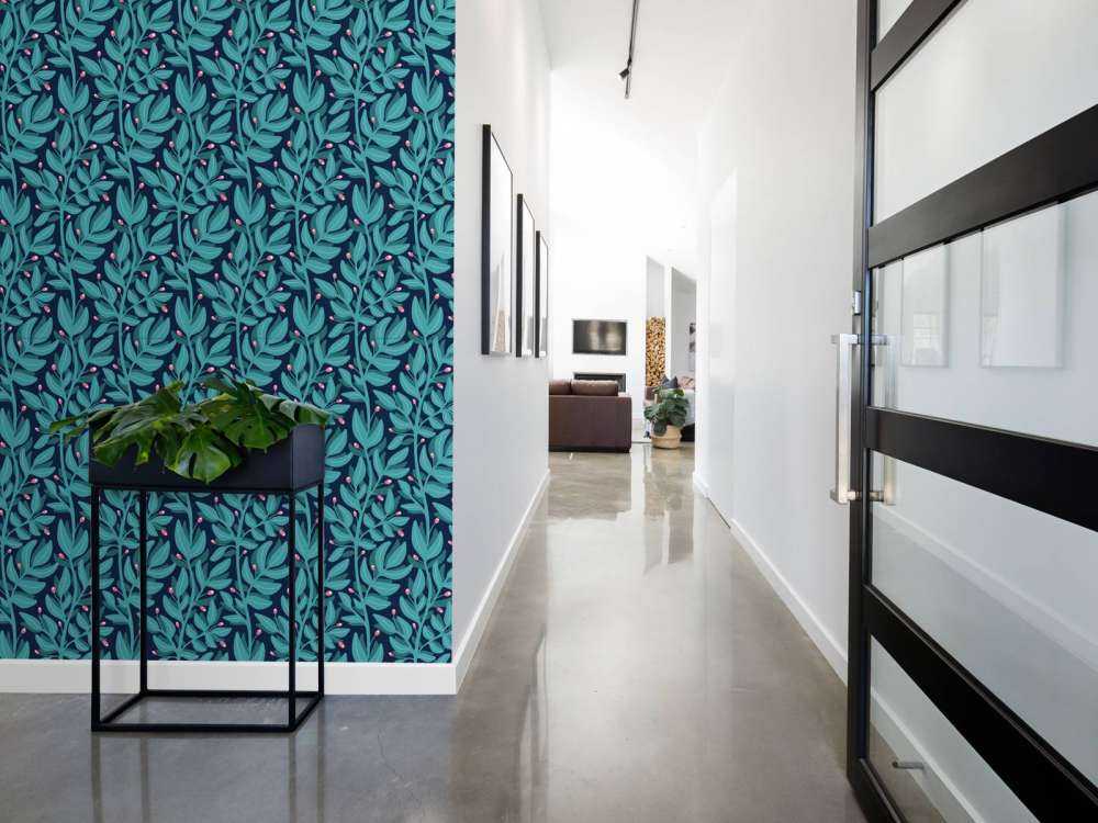 Motif petites branches bleu canard