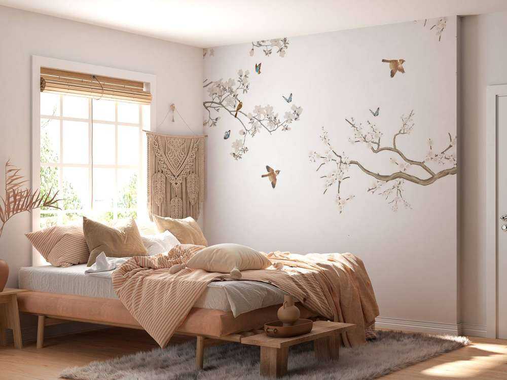 Branches fleuries et oiseaux