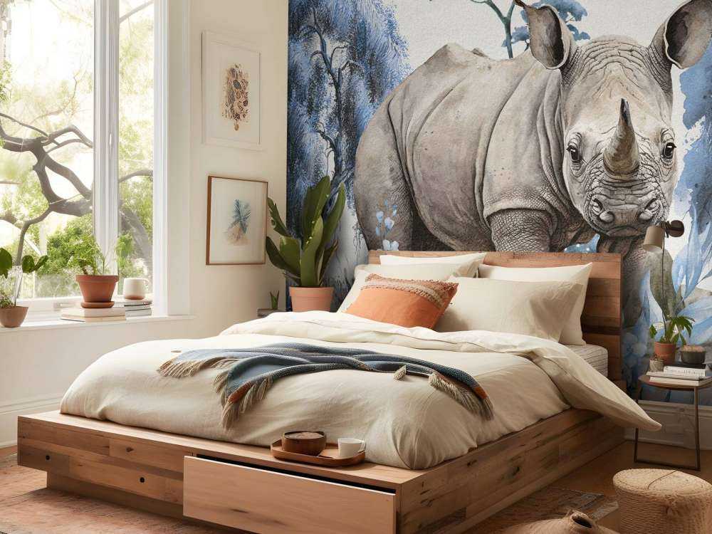 Bébé rhino dans la savane bleu