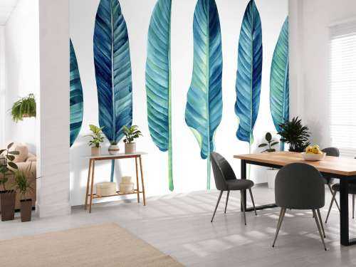 Feuilles tropicales bleu canard sur fond blanc