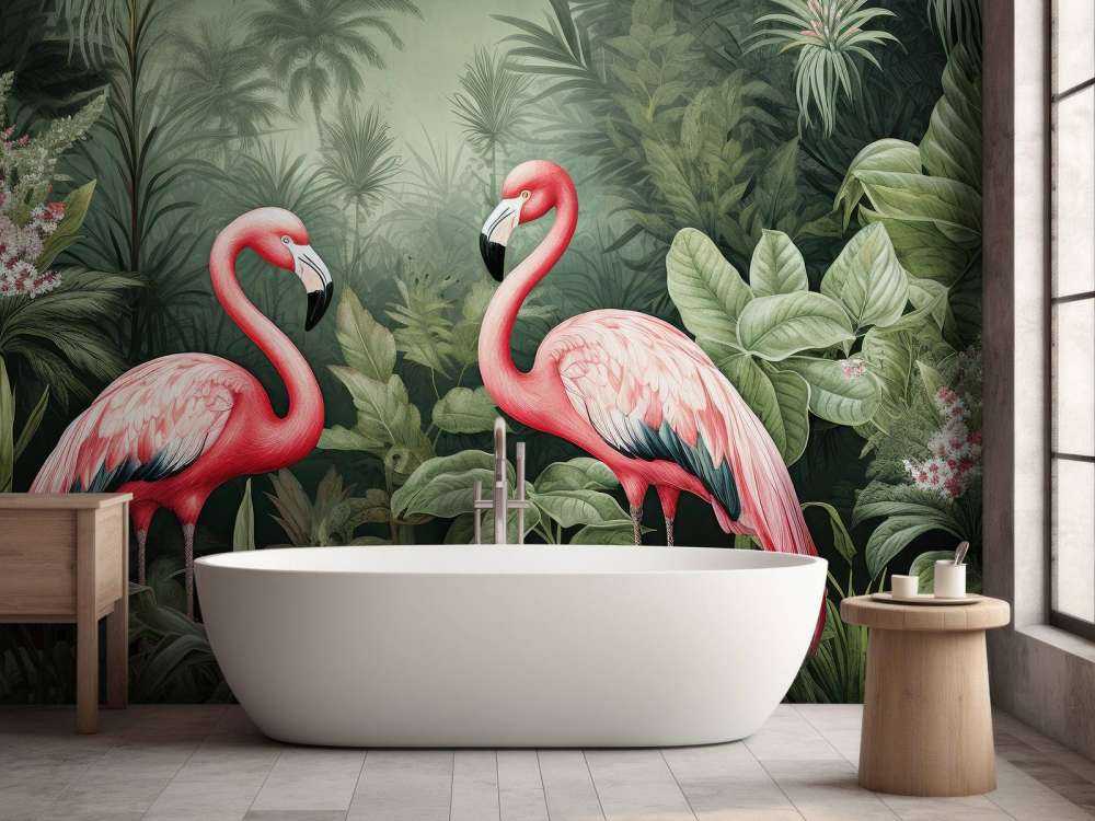 Oasis florale de flamants roses