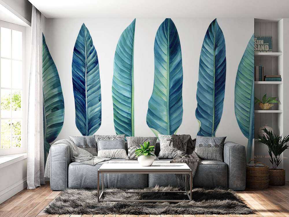 Feuilles tropicales bleu canard sur fond blanc