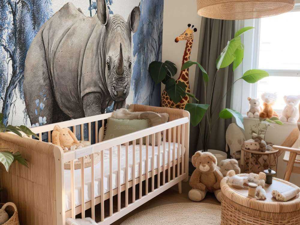 Bébé rhino dans la savane bleu