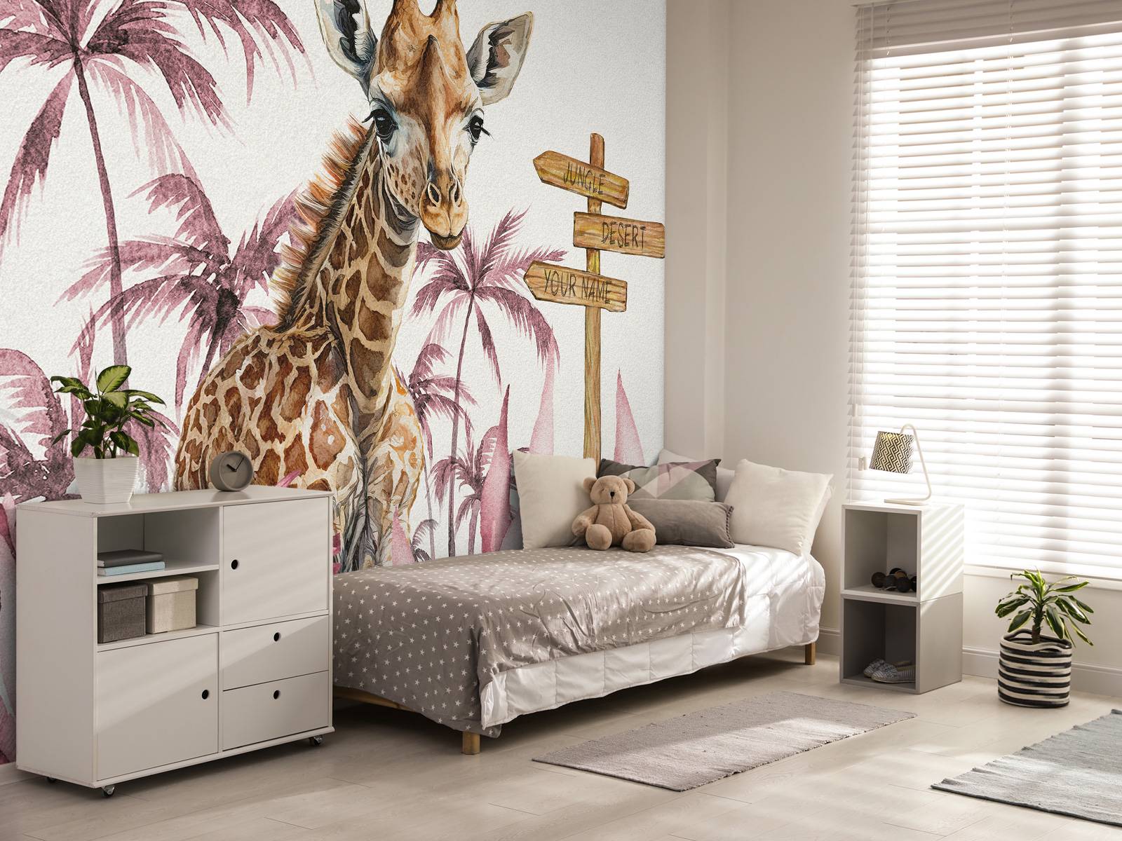 Bébé girafe dans la jungle rose