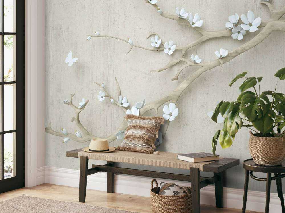 Branche avec fleurs blanches sur un fond en bois