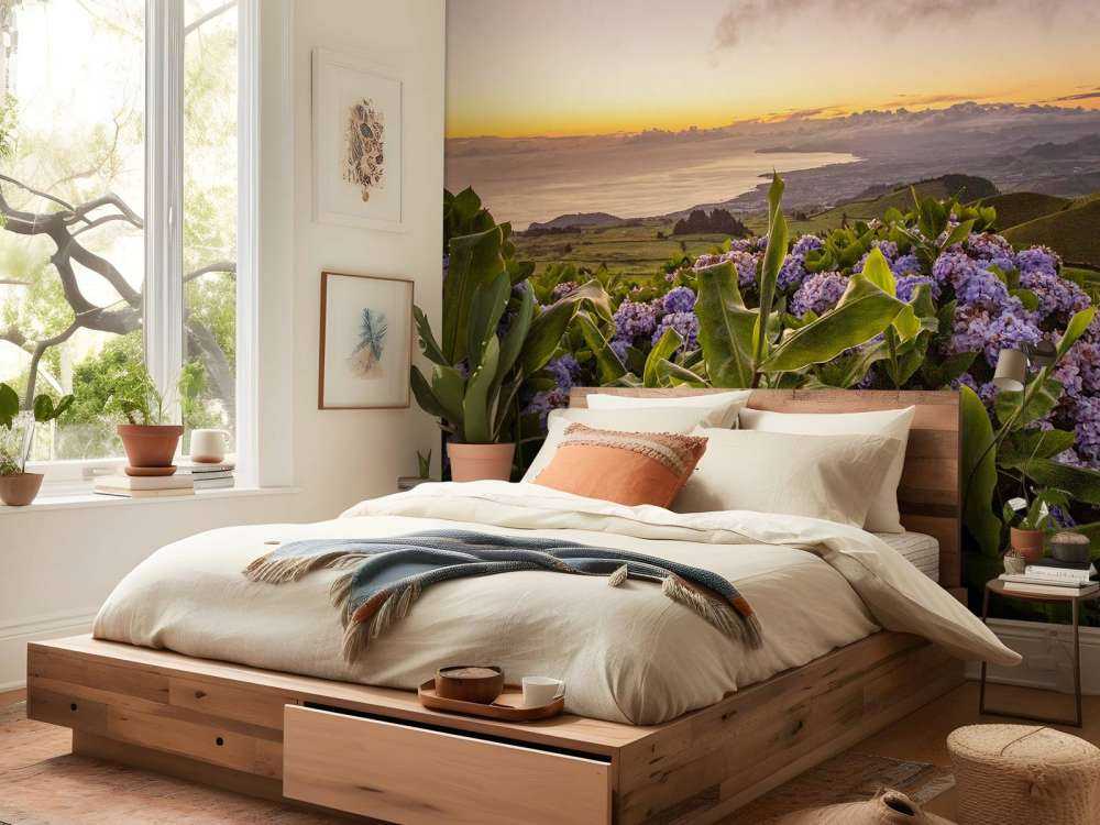 Coucher de soleil avec des hortensias