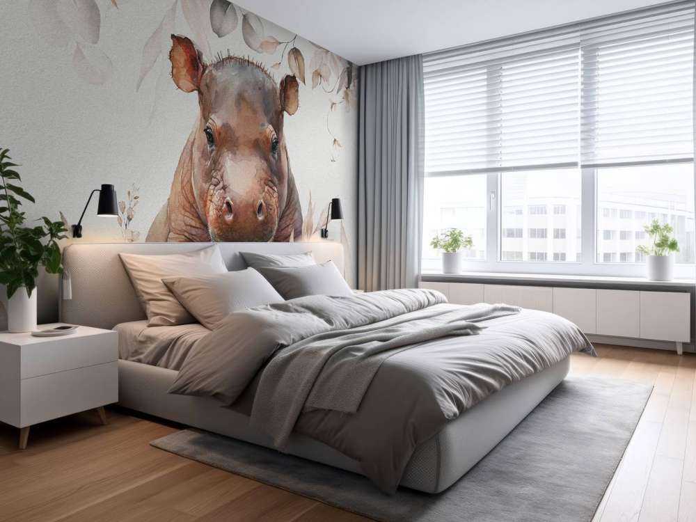 Bébé hippopotame dans les feuilles taupe