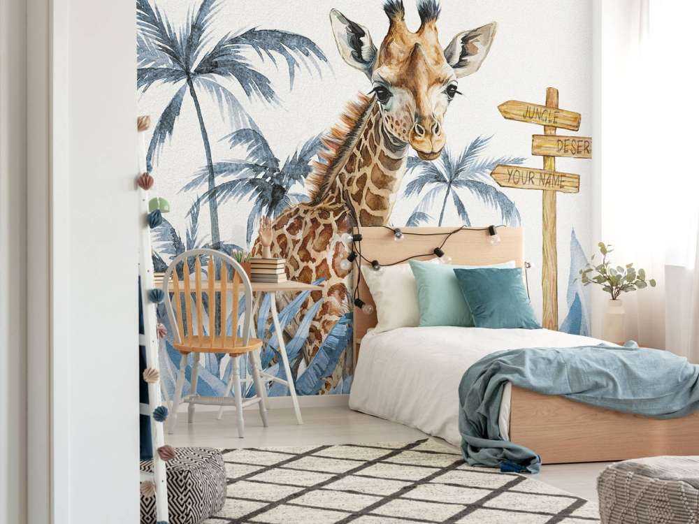 Bébé girafe dans la jungle bleue