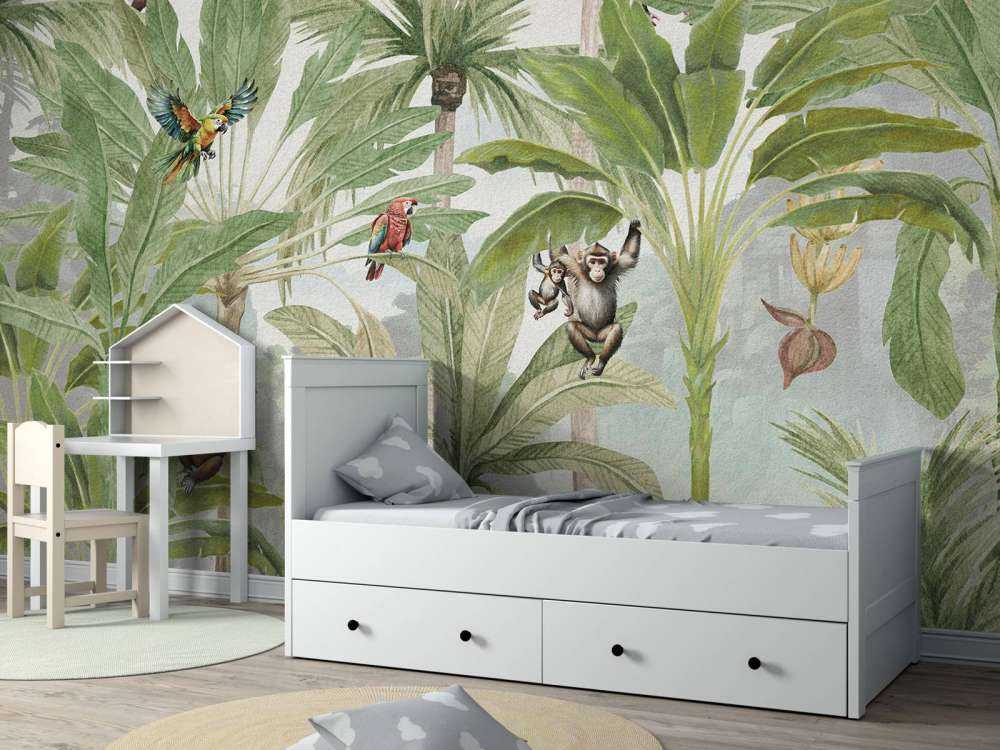 Jungle avec singes et perroquets en couleur