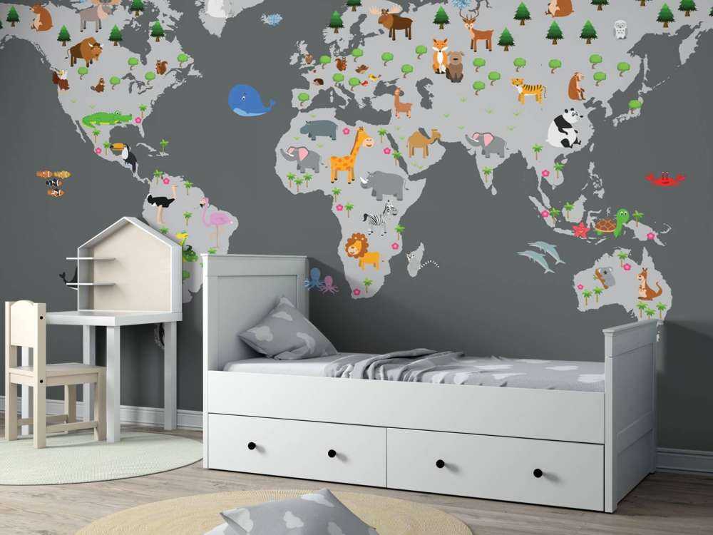 Carte du monde pour les enfants avec fond gris