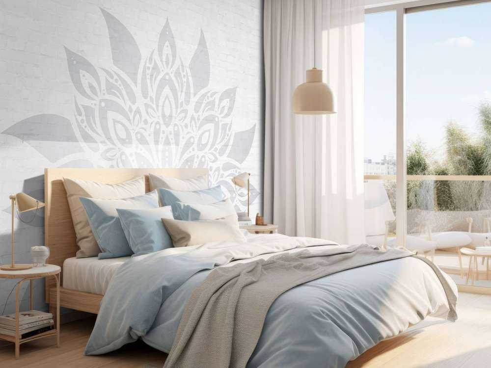 Mandala gris clair sur brique