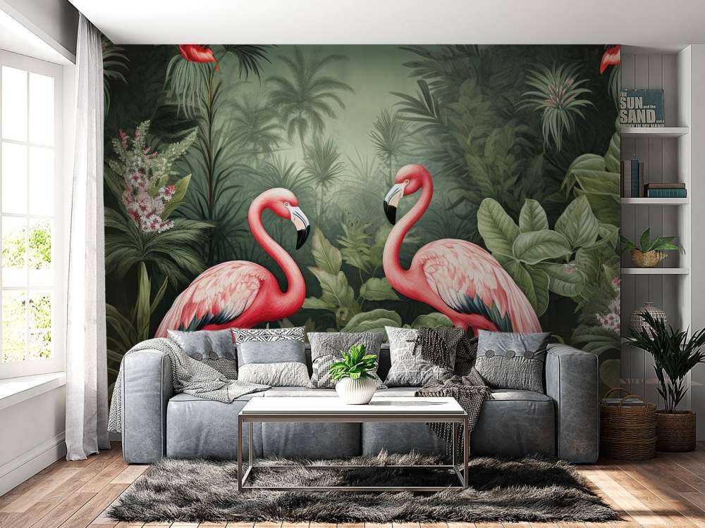 Oasis florale de flamants roses
