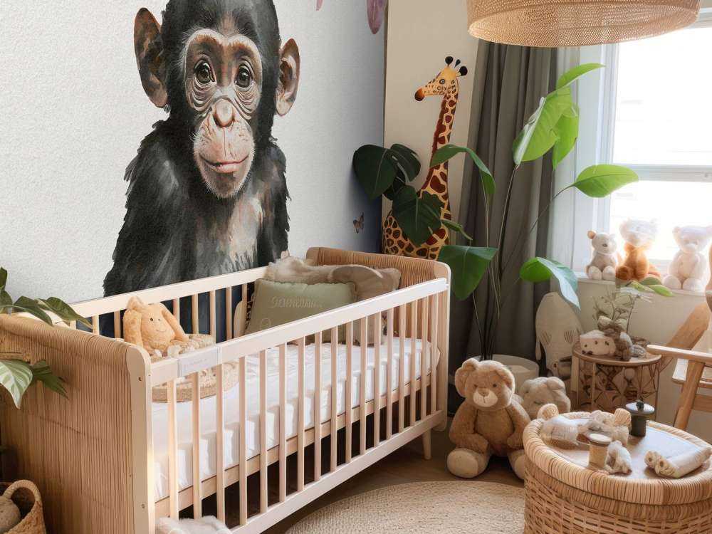 Bébé chimpanzé dans la jungle rose