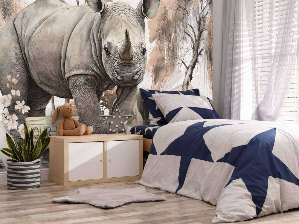 Bébé rhino dans la savane taupe