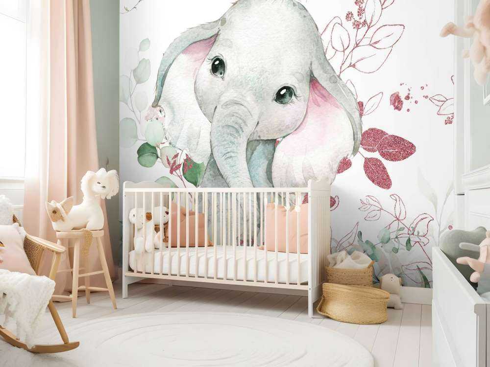 Bébé éléphant feuillage menthe et rose