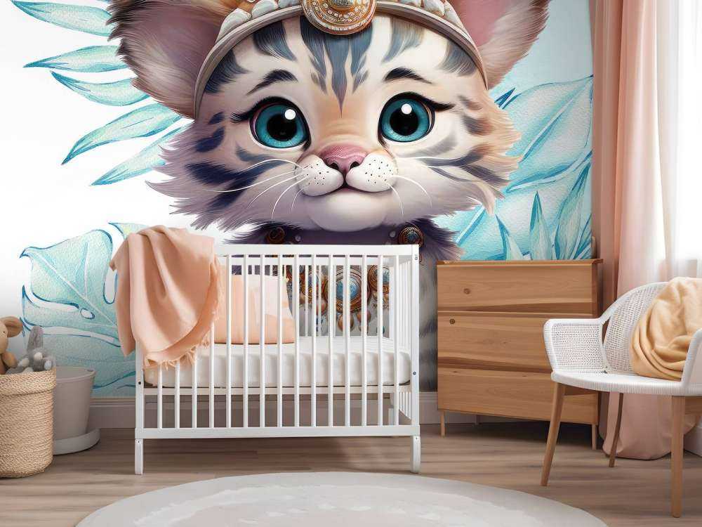 Bébé tigre et feuille bleu