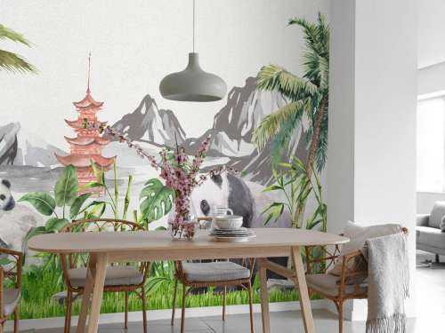 Pandas dans une jungle de bambous