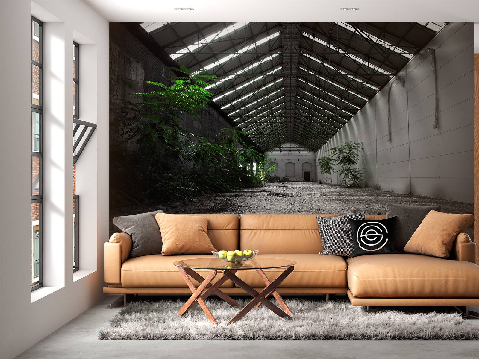 Hall industriel avec des plantes