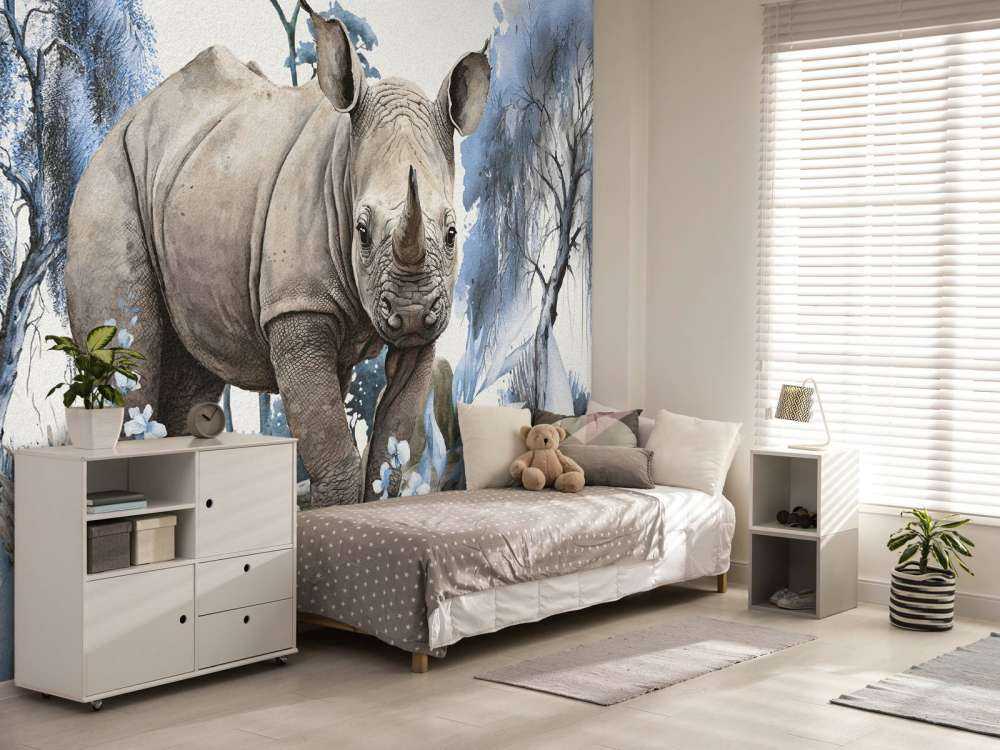 Bébé rhino dans la savane bleu
