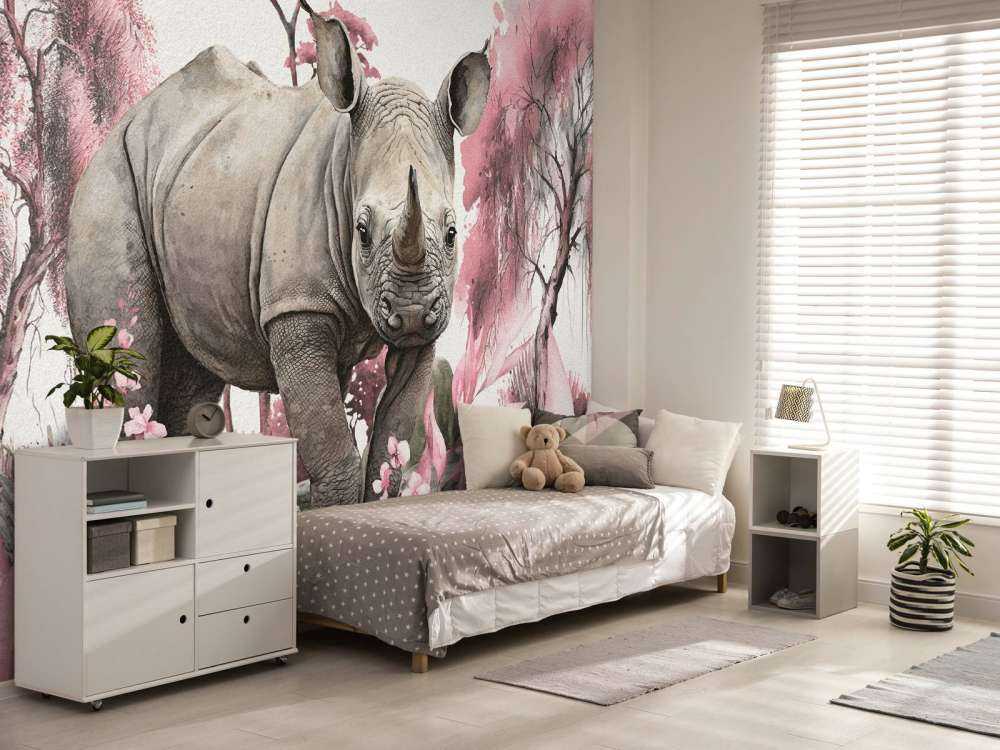 Bébé rhino dans la savane rose