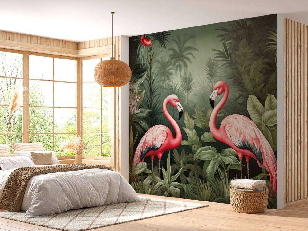 Oasis florale de flamants roses