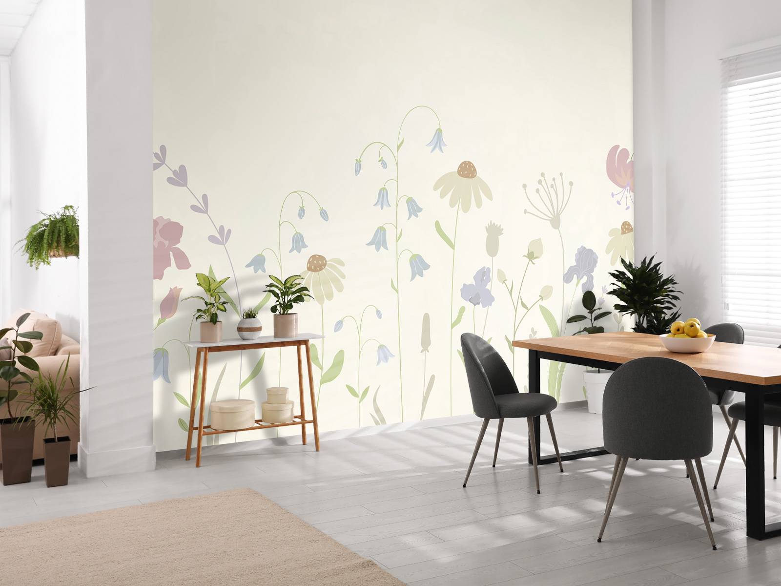 Champ de fleurs en hauteur beige, vieux rose, vert et lilas