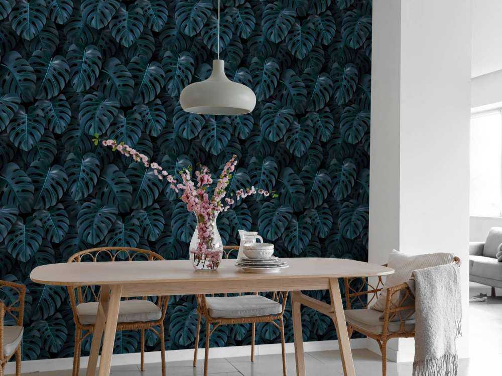 Feuilles de monstera tropicales bleu canard