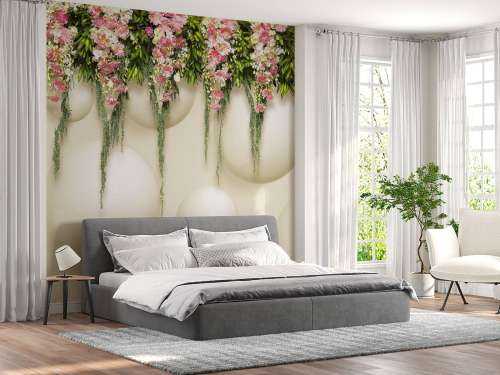Fleurs roses suspendues sur un mur en 3D