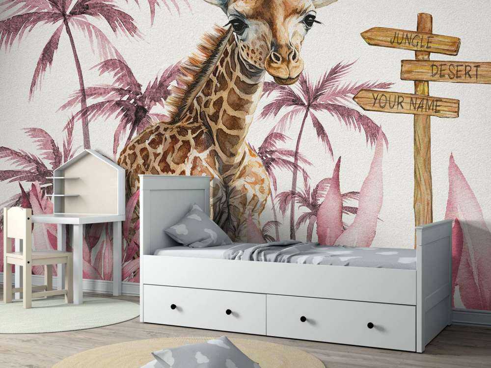 Bébé girafe dans la jungle rose