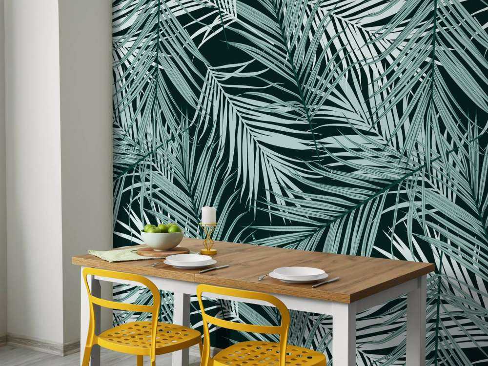 Feuilles tropicales bleu canard sur fond noir