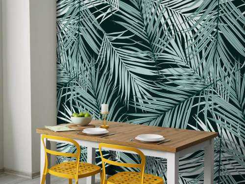 Feuilles tropicales bleu canard sur fond noir