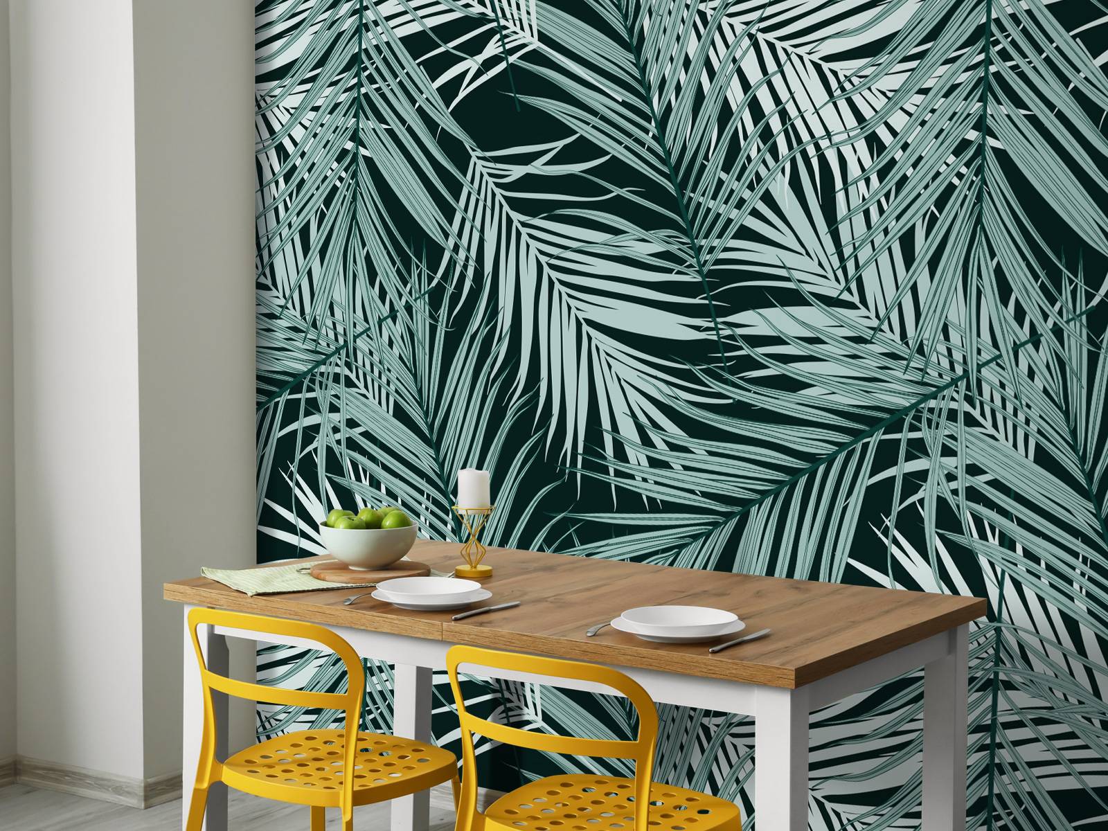 Feuilles tropicales bleu canard sur fond noir