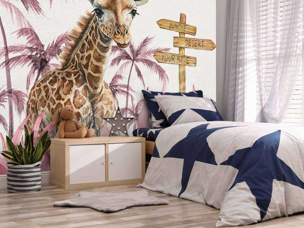 Bébé girafe dans la jungle rose