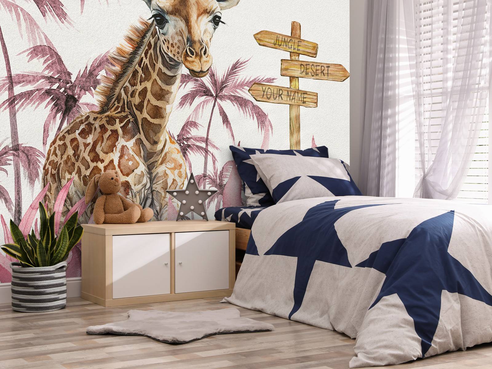 Bébé girafe dans la jungle rose