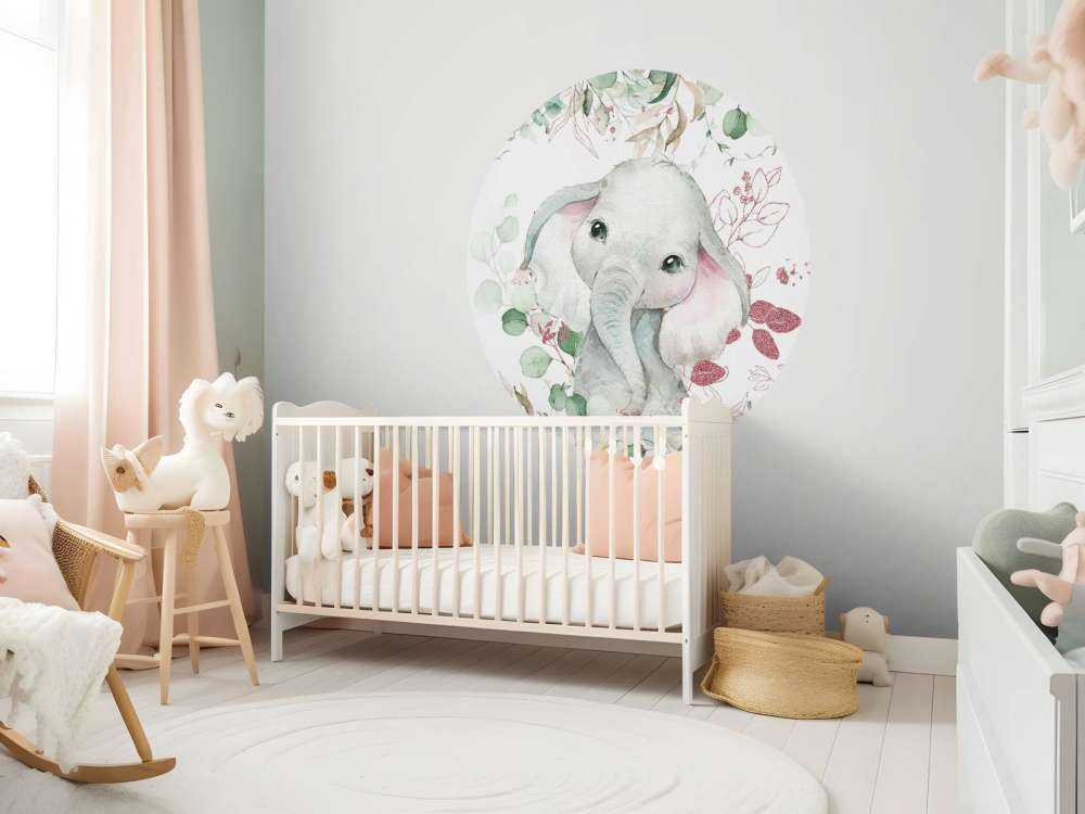 Bébé éléphant feuillage menthe et rose