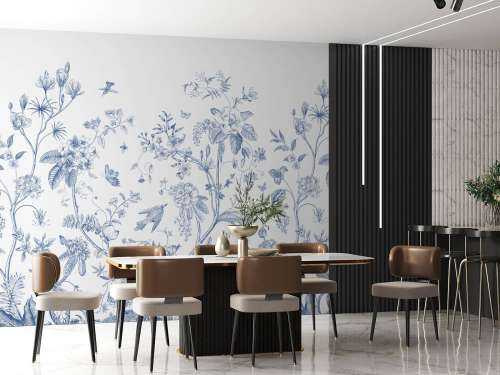 Illustration florale, bleu et blanc