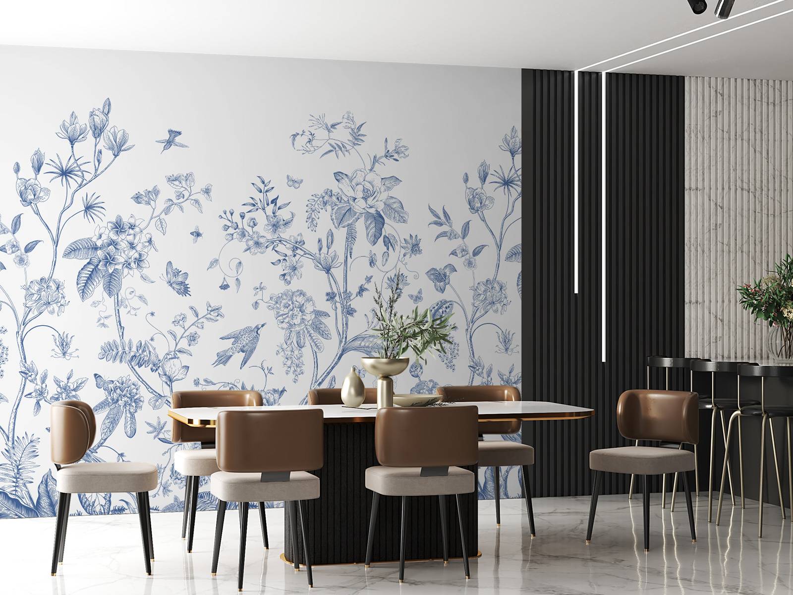 Illustration florale, bleu et blanc