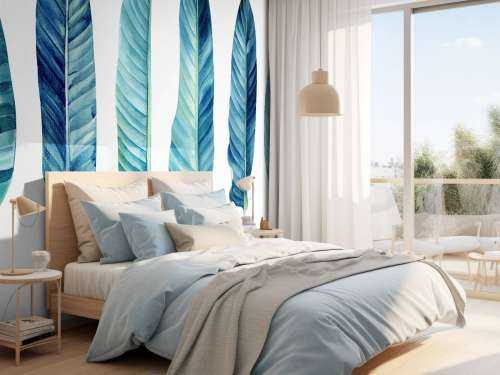 Feuilles tropicales bleu canard sur fond blanc