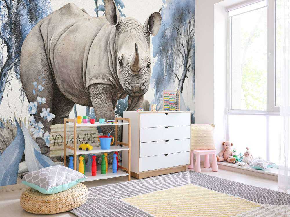 Bébé rhino dans la savane bleu