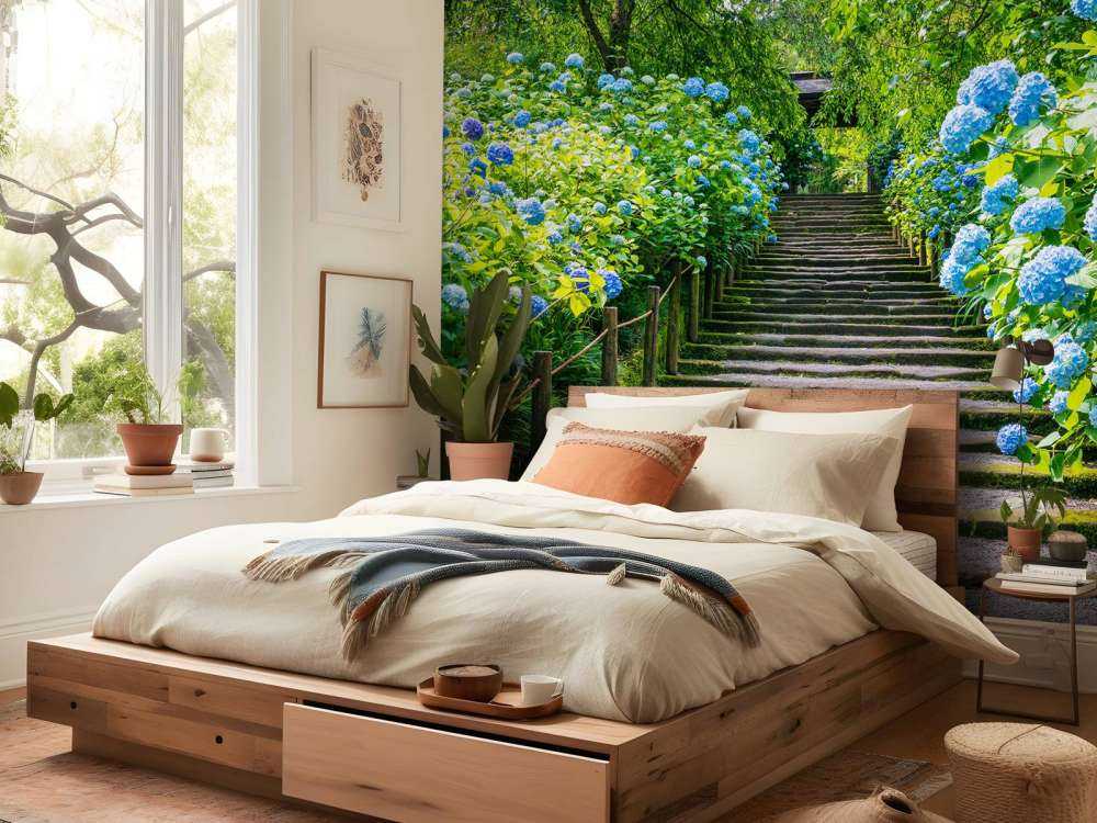 Escalier entre des hortensias
