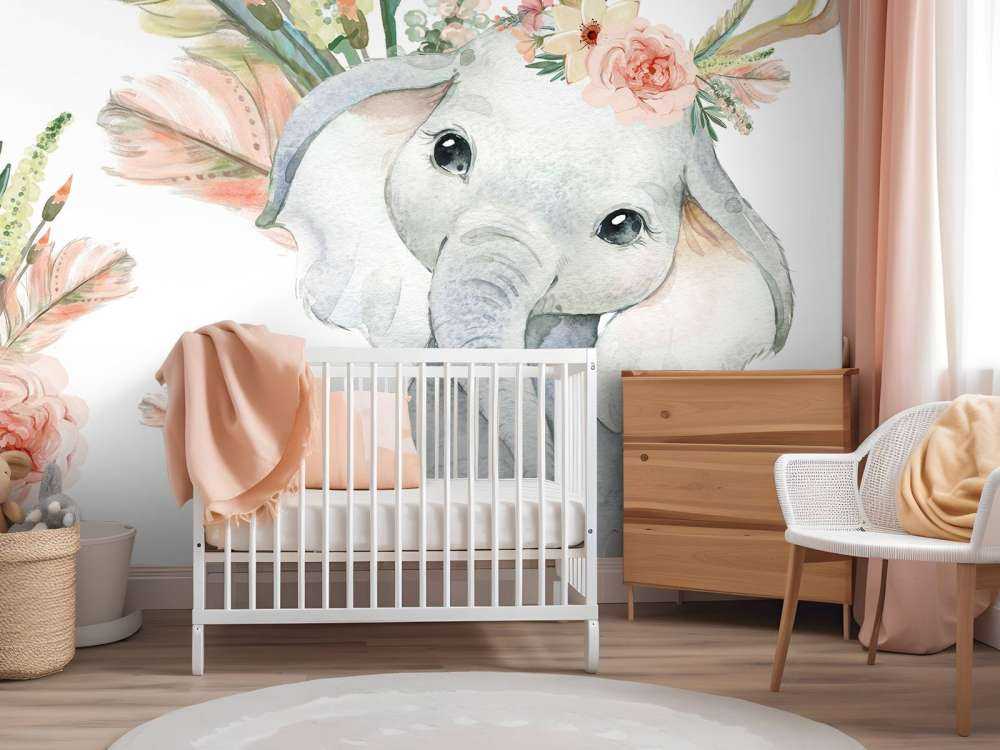 Bébé éléphant fleurs roses,