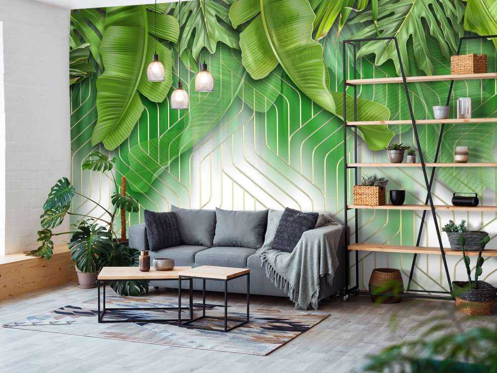 Effet de lignes dorées avec des feuilles vertes