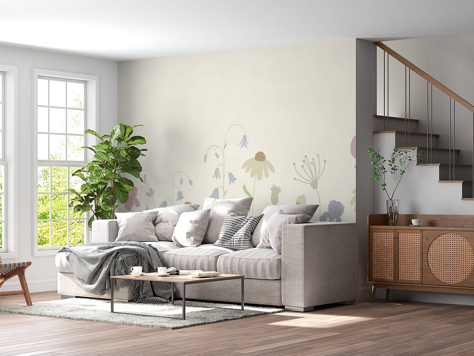 Champ de fleurs en hauteur beige, vieux rose, vert et lilas