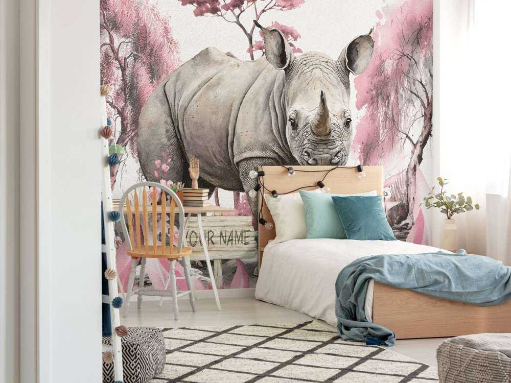 Bébé rhino dans la savane rose