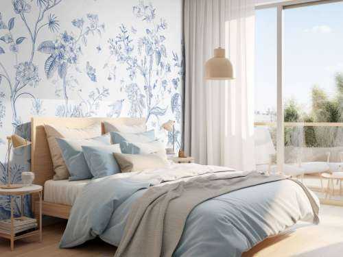Illustration florale, bleu et blanc