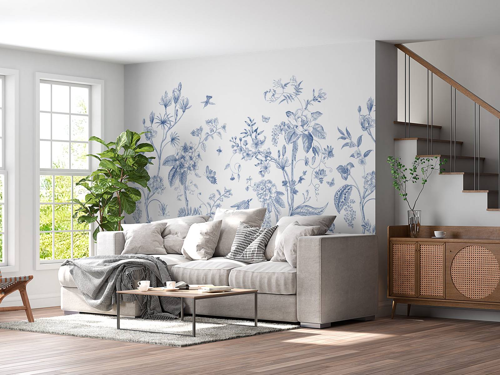 Illustration florale, bleu et blanc