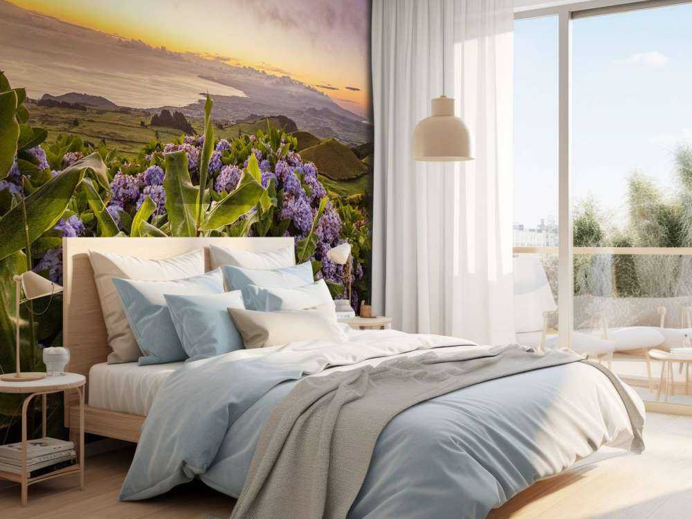 Coucher de soleil avec des hortensias