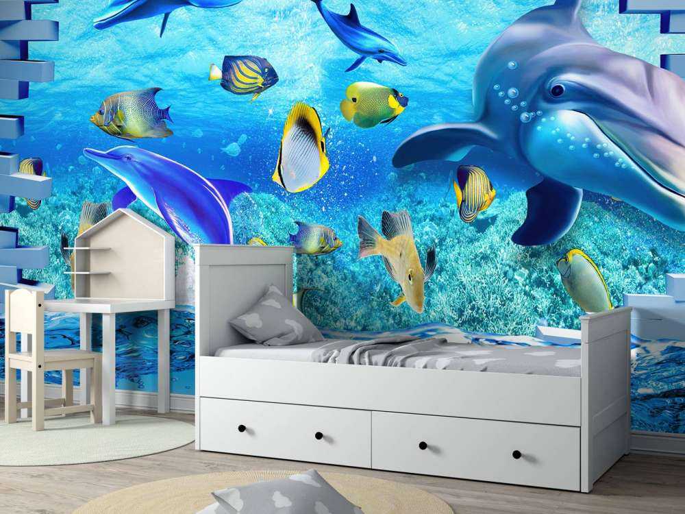 Des dauphins derrière un mur